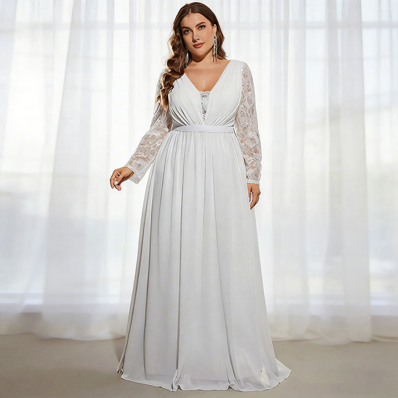 BHstyle Ball-Gown in Übergröße mit V-Ausschnitt und Spitzenärmeln – A-Linien Ballkleid mit Raffungen L-4XL