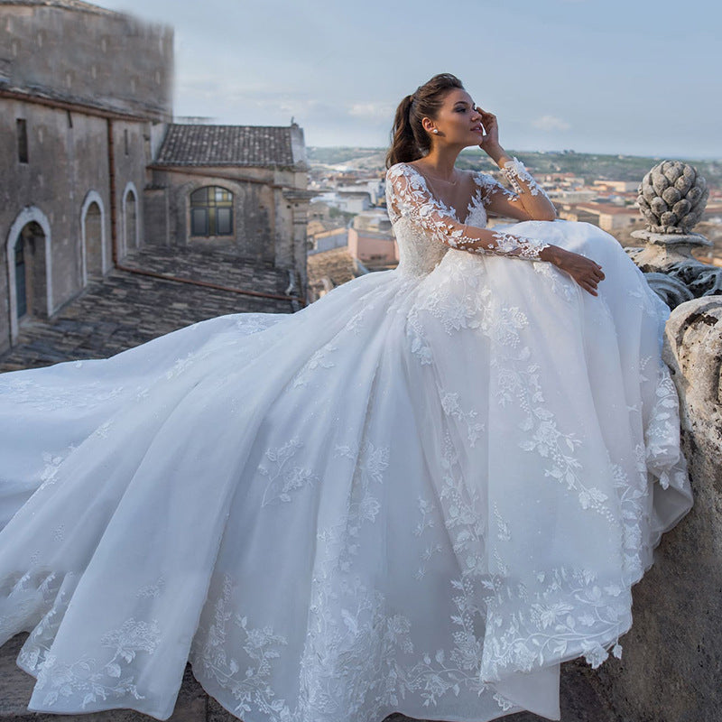 BHstyle Ball-Gowner Prinzessin mit V-Ausschnitt Lange Ärmel Tüll Großer Schleppe Retro Ballkleid 2-16