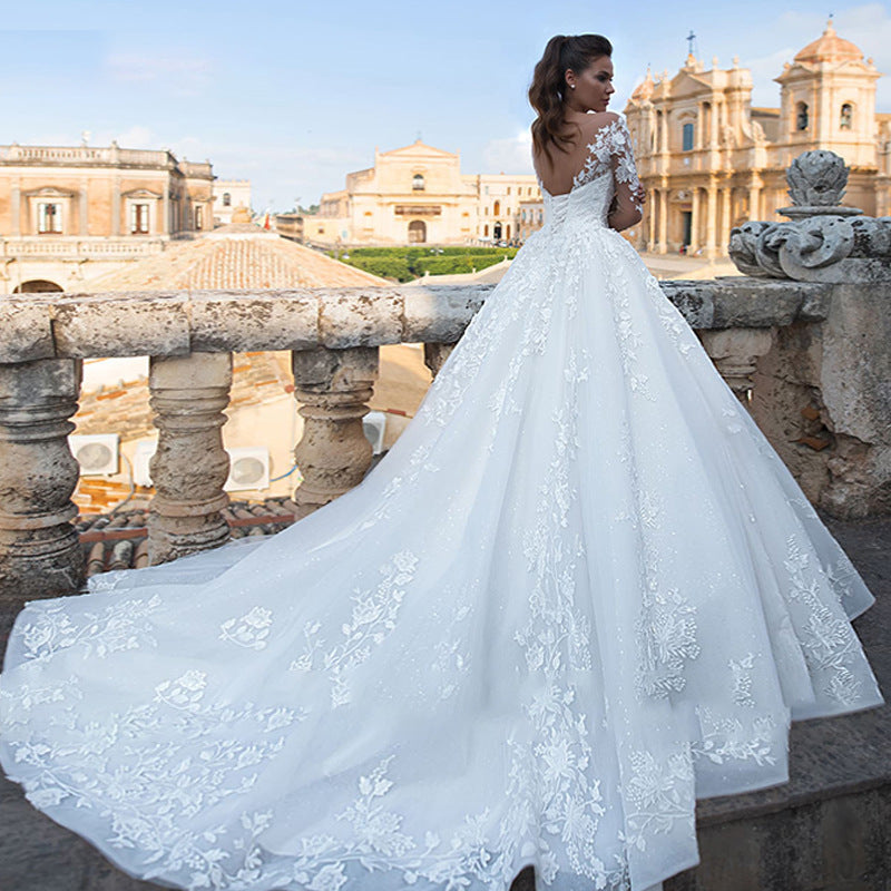 BHstyle Ball-Gowner Prinzessin mit V-Ausschnitt Lange Ärmel Tüll Großer Schleppe Retro Ballkleid 2-16