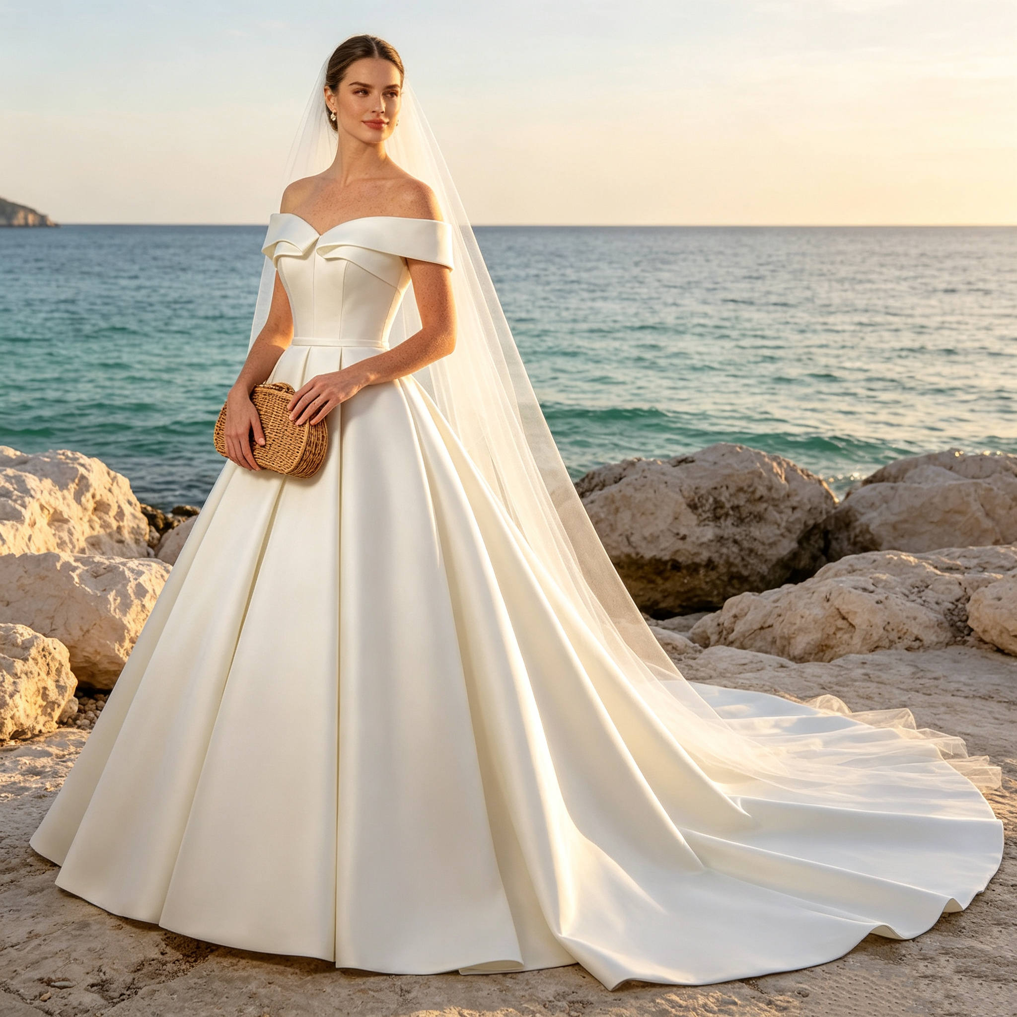BHstyle Weißes Satin Abendkleid Off-Schulter, Voluminöser A-Linien Rock mit langem Schleppe, Elegantes Festkleid für Feierlichkeiten