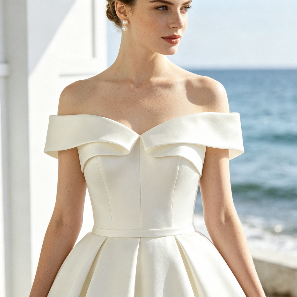 BHstyle Weißes Satin Abendkleid Off-Schulter, Voluminöser A-Linien Rock mit langem Schleppe, Elegantes Festkleid für Feierlichkeiten