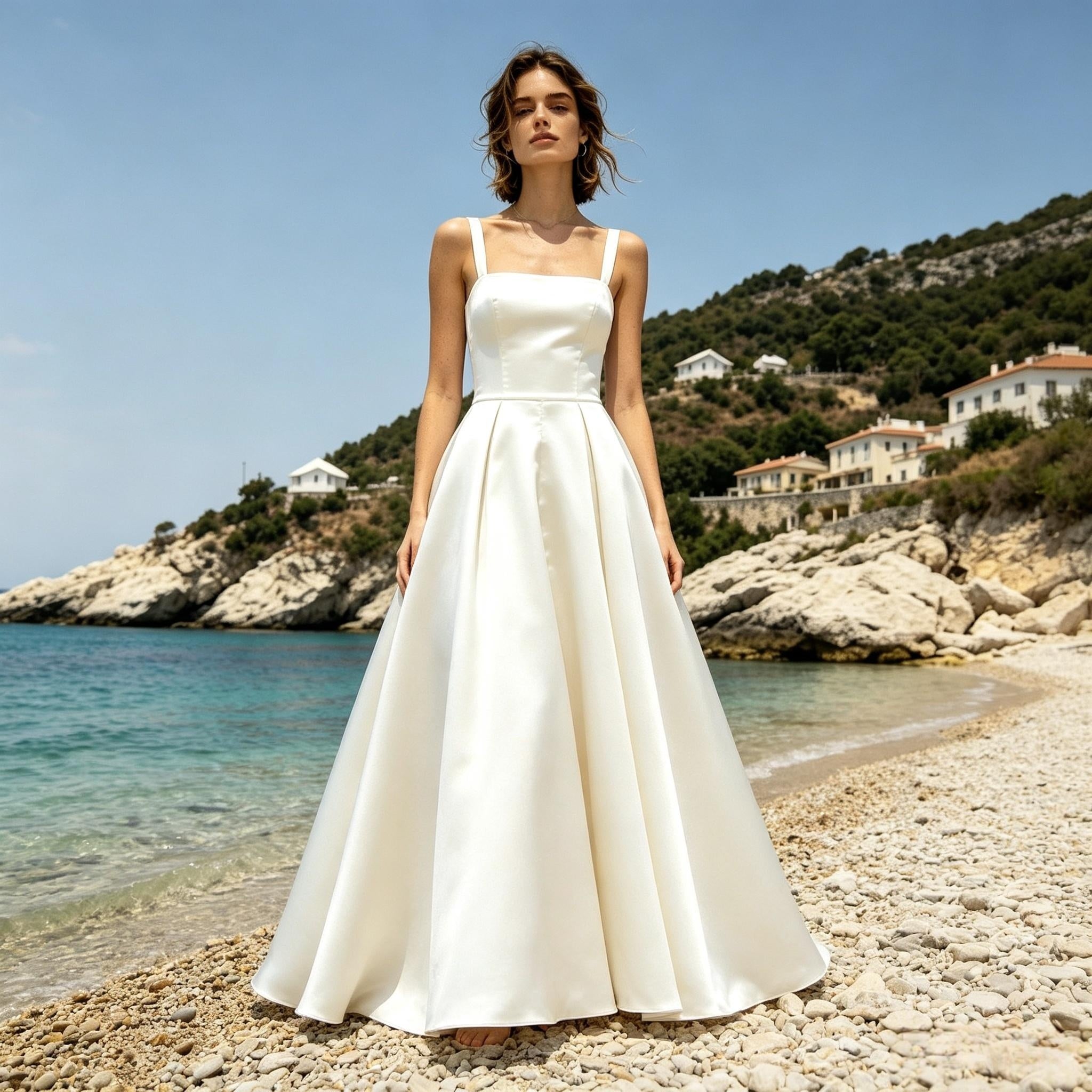 BHstyle Weisses Satin Maxikleid mit schmalen Trägern, quadratischer Ausschnitt, weites A-Linien Kleid für Feier und Fotoshooting am Meer