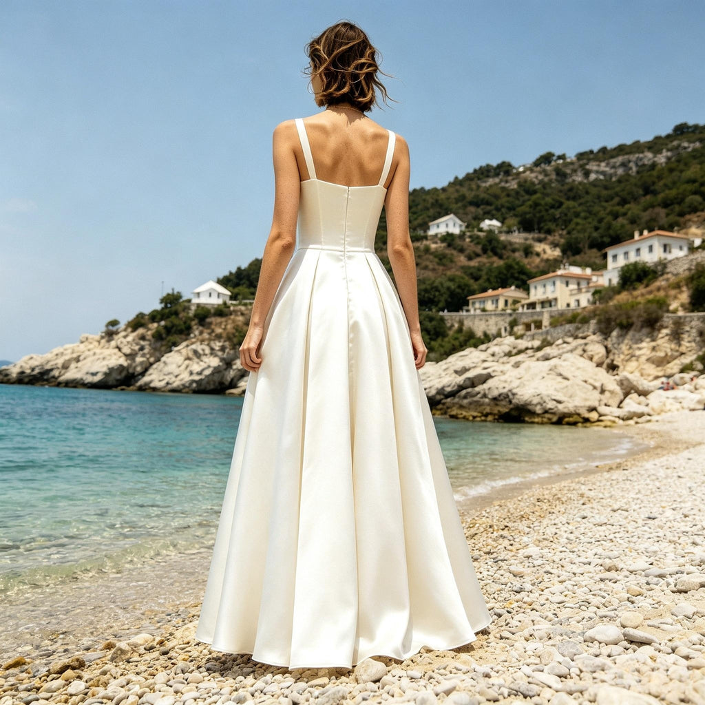 BHstyle Weisses Satin Maxikleid mit schmalen Trägern, quadratischer Ausschnitt, weites A-Linien Kleid für Feier und Fotoshooting am Meer