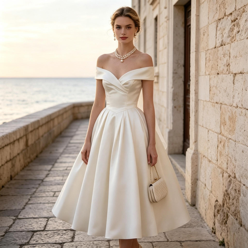 BHstyle Off-Shoulder Satin Midi Festkleid Figurbetont Voll ausgestellt Cremeweiß