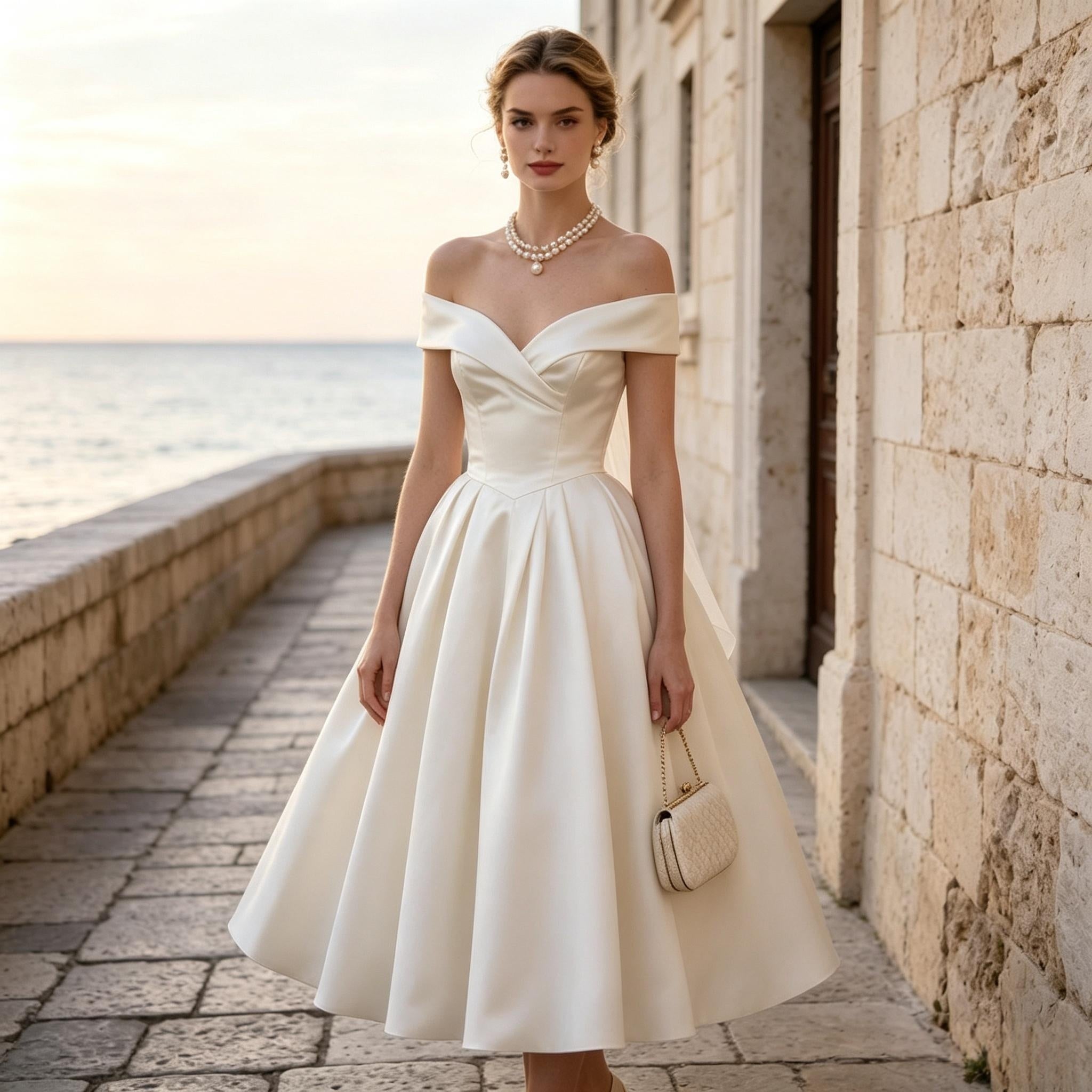 BHstyle Off-Shoulder Satin Midi Festkleid Figurbetont Voll ausgestellt Cremeweiß