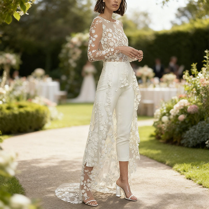 BHstyle Eleganter Weißer Spitzen Braut Jumpsuit Langarm Rundhals Mit Schleppe Moderner Hochzeits Hosenanzug S-2XL