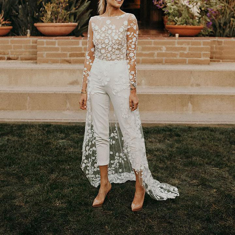 BHstyle Eleganter Weißer Spitzen Braut Jumpsuit Langarm Rundhals Mit Schleppe Moderner Hochzeits Hosenanzug S-2XL