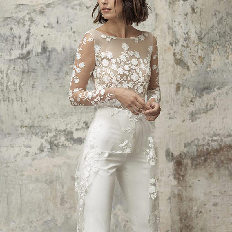 BHstyle Eleganter Weißer Spitzen Braut Jumpsuit Langarm Rundhals Mit Schleppe Moderner Hochzeits Hosenanzug S-2XL