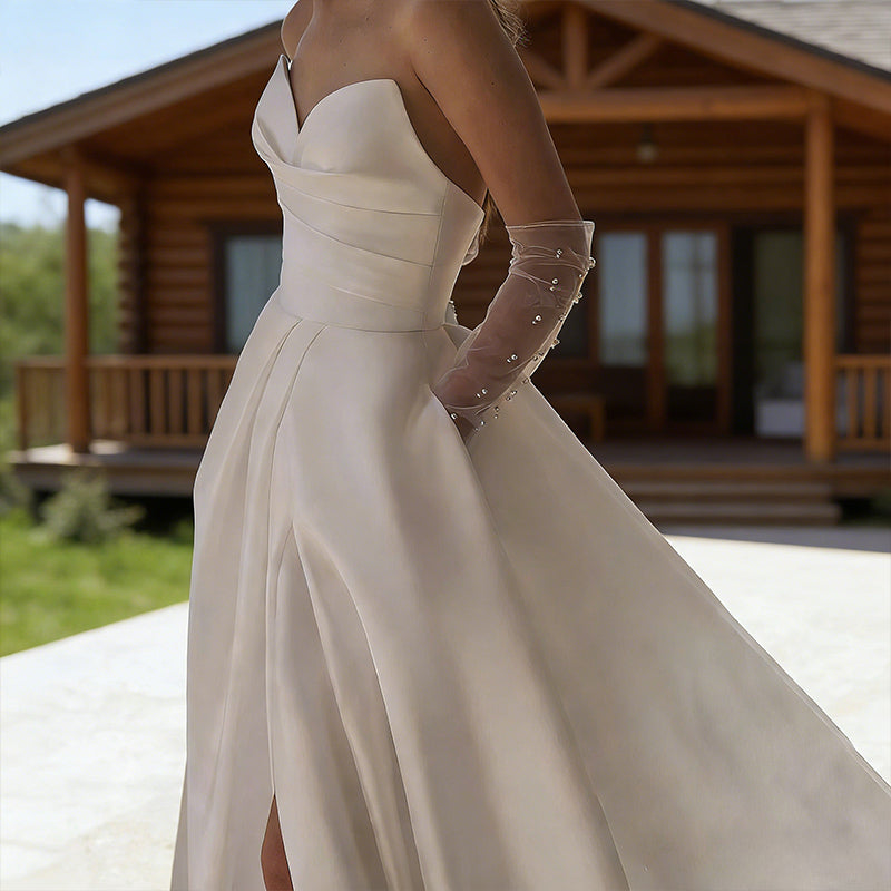 BHstyle Ball-Gowner Prinzessin aus Satin A Linie mit Beinschlitz Herz Ausschnitt Modernes Ballkleid Elfenbein 32-56