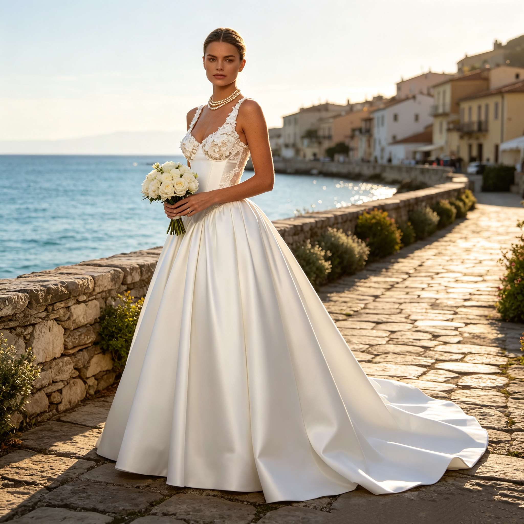 BHstyle Satin Kleid mit Spitze, Herzausschnitt und voluminösem Rock für Gala Shootings