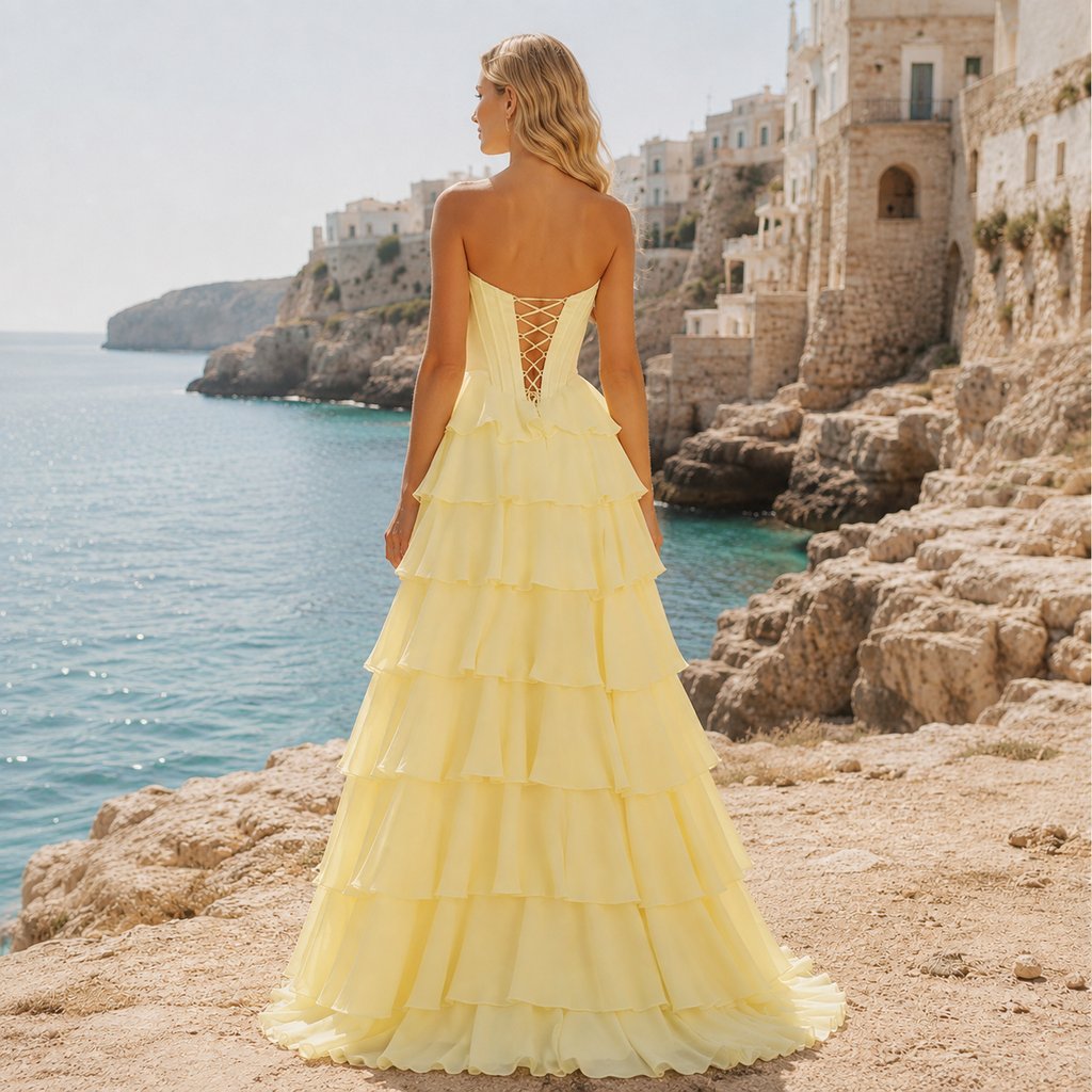 BHstyle Schulterfreies langes Festkleid, mehrlagiges Rüschen‑Modell mit Schlitz für formelle Anlässe