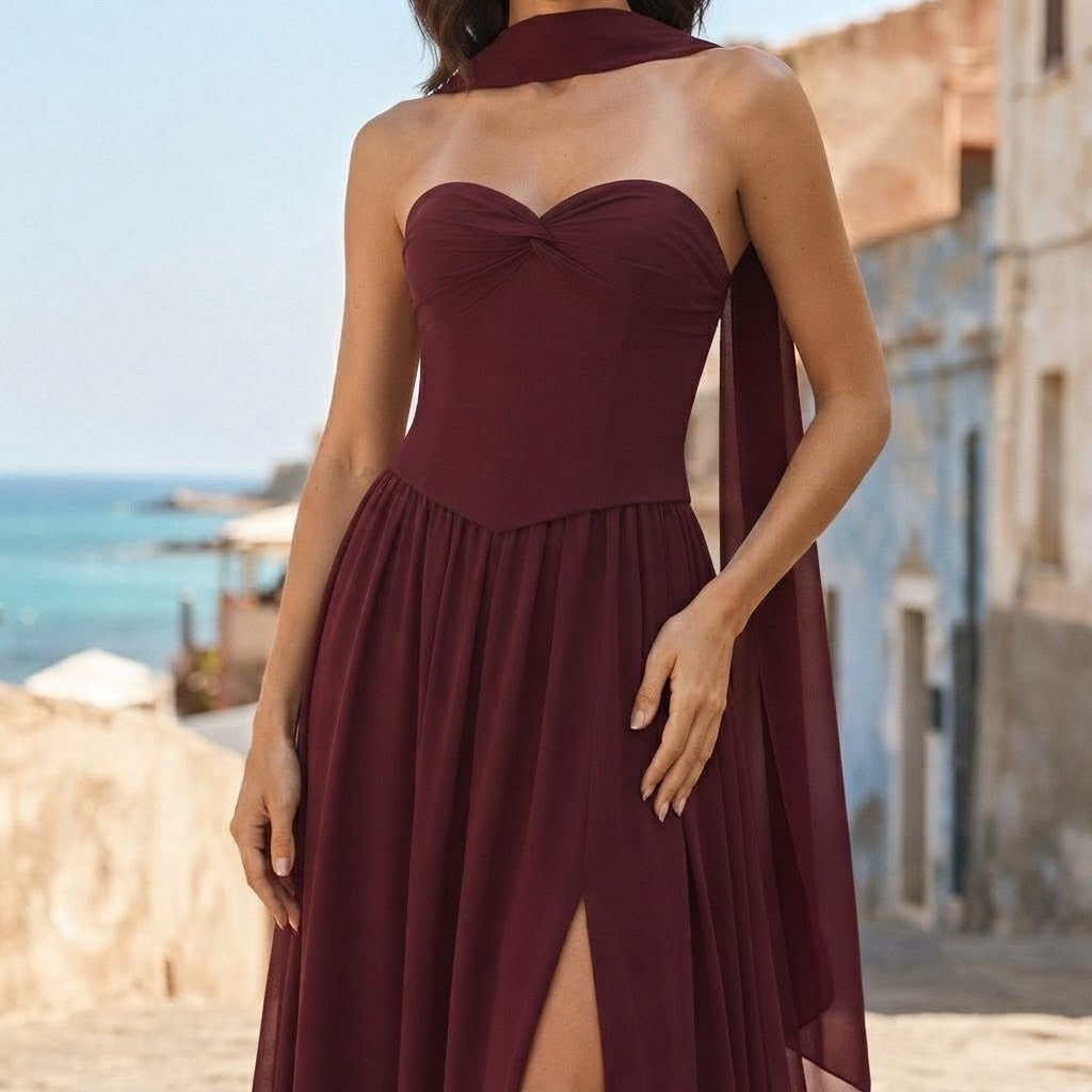 BHstyle schulterloses festliches Maxikleid mit Kordelrücken für formelle Anlässe Damen