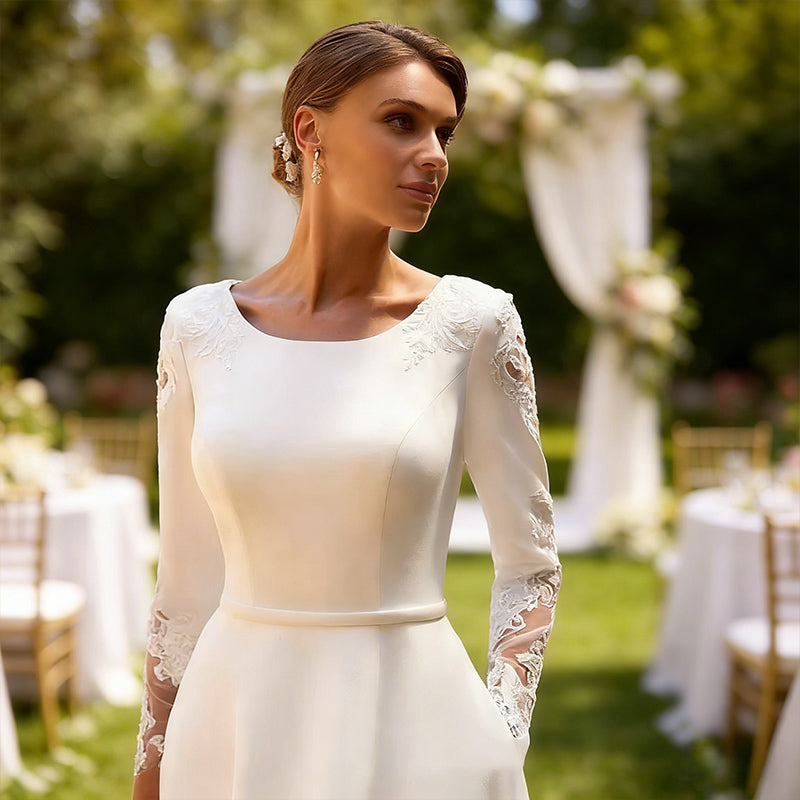 BHstyle Klassisches Satin Ball-Gown mit Spitzenärmeln und Rundhals Ausschnitt Elegantes A Linie Ballkleid 2-26W