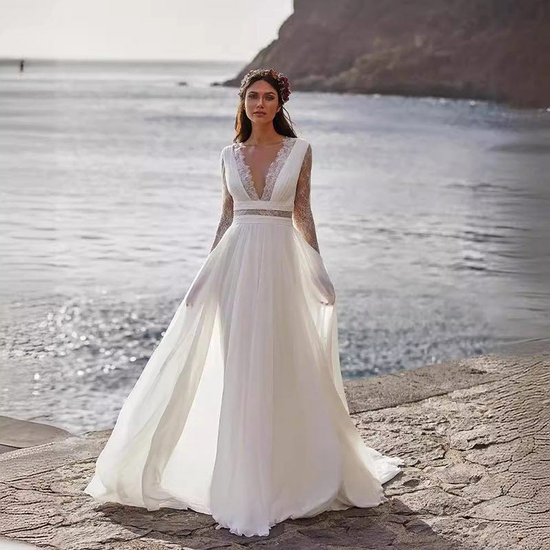 BHstyle Langes Ärmel Spitzen Boho Ball-Gowner mit kleinem Schlepp Leichte Reise Ball-Gown XS-2XL