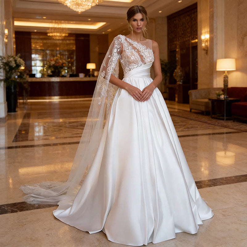 BHstyle Satin Ball-Gowner Prinzessin mit One Shoulder Spitze und Cape A Linie Ballkleid Edel Stickerei Elfenbein 34-44