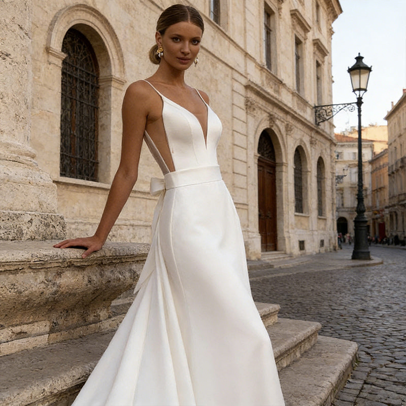BHstyle Verführerisches Satin-Ball-Gown mit V-Ausschnitt und Spaghettiträgern – Rückenfreies A-Linien Ballkleid 2-26W