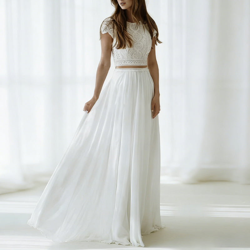 BHstyle Zweiteiliges Boho Ball-Gown aus Spitze und Chiffon Romantisches Crop-Top Ballkleid A-Linie 2-26W